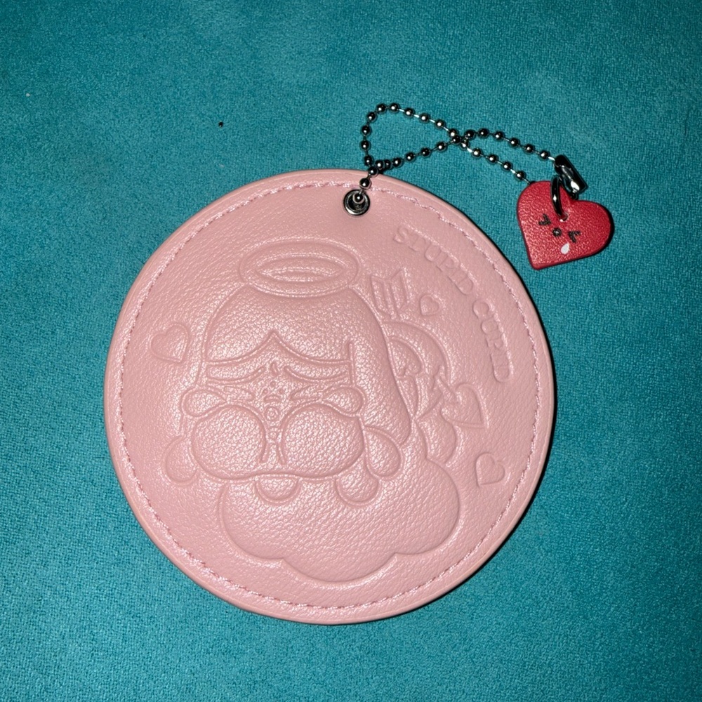 Crybaby Stupid Cupid Round Mirror Pink Embossed Leather Charm with Heart Tag
